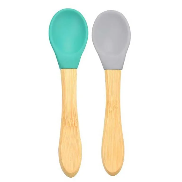 Minikoioi Colheres em Silicone e Bambu - Verde e Cinza