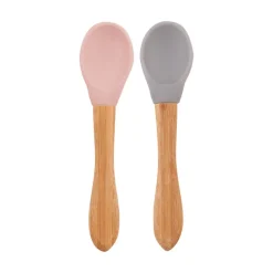 Minikoioi Colheres em Silicone e Bambu - Pinky Pink/Powder Grey