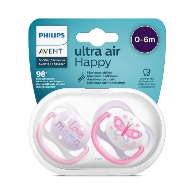 Philips Avent - 2 Chupetas - Ultra Air - Happy - 0-6 M - Menina